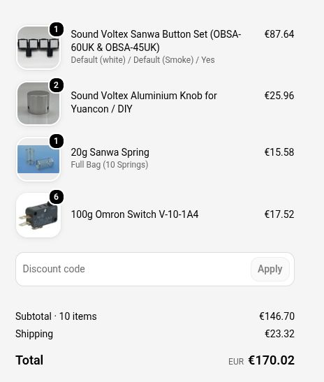 Example of the items I could have bought at an international arcade specialized store. This setup is more accurate to components used in real arcade cabinets, but factoring in taxes and customs fees easily brings the price up to 240€, and it&rsquo;s missing cables, Arduino, encoder, and screws.